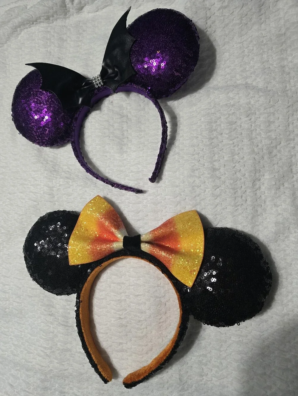 Sequin Halloween Minnie Ear Headbands - Purple & Black with Orange Bow
